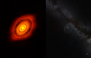 The protoplanetary disk around HL Tauri, a million-year-old sunlike star located approximately 450 light-years from Earth in the constellation of Taurus, dwarfs our solar system (right). Taken by the ALMA array, this image reveals a series of concentric and bright rings, separated by gaps — features astronomers have struggled to explain until now. (Credit: ALMA (ESO/NAOJ/NRAO)) The protoplanetary disk around HL Tauri, a million-year-old sunlike star located approximately 450 light-years from Earth in the constellation of Taurus, dwarfs our solar system (right). Taken by the ALMA array, this image reveals a series of concentric and bright rings, separated by gaps — features astronomers have struggled to explain until now. (Credit: ALMA (ESO/NAOJ/NRAO))
